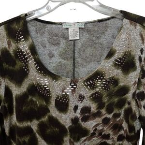 Womens Animal Print Top Brown Black Green Embellished Giraffe Blouse Shirt MED